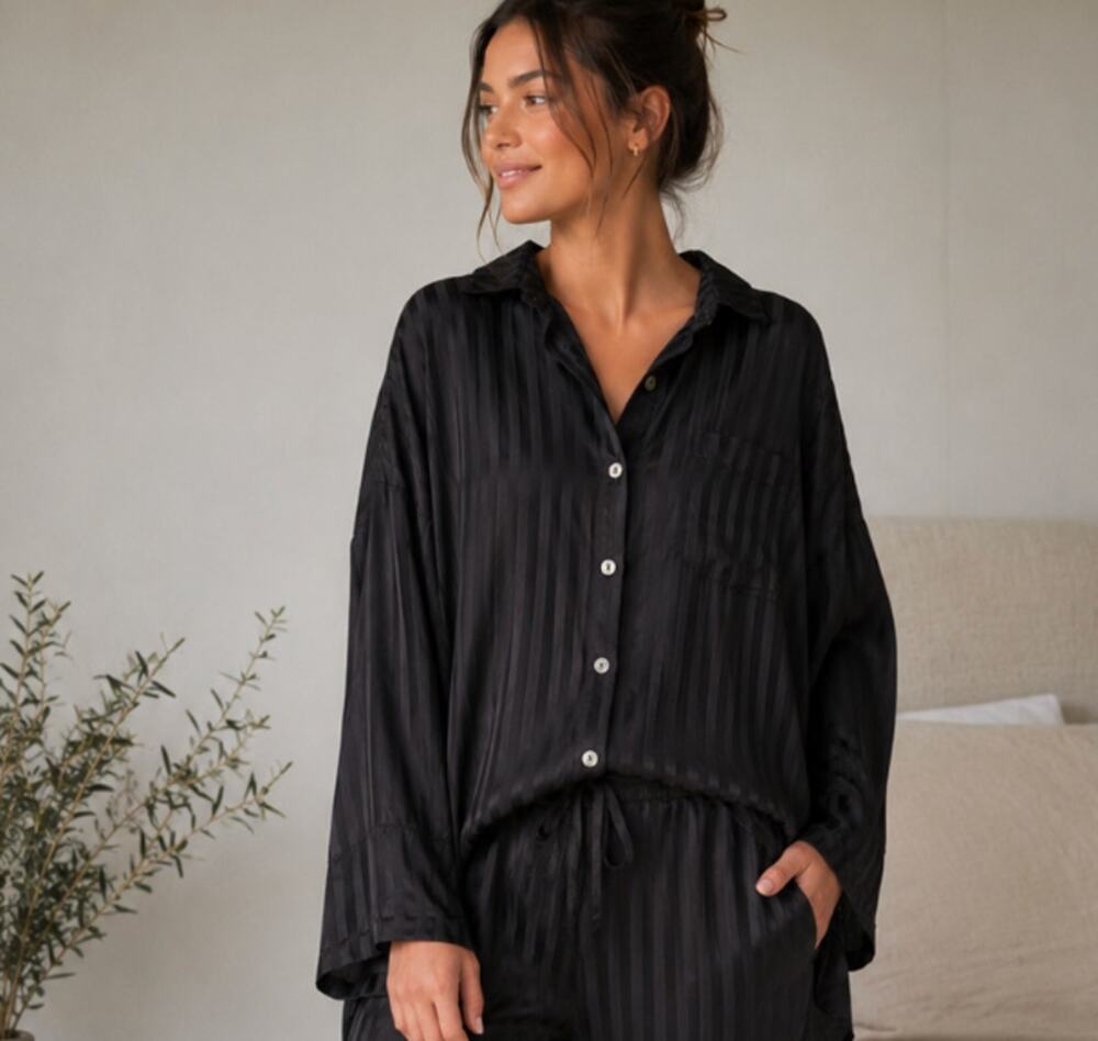 Sleeper Shirt Lounge Luxury Pajamas Rayon Striped Black One Size